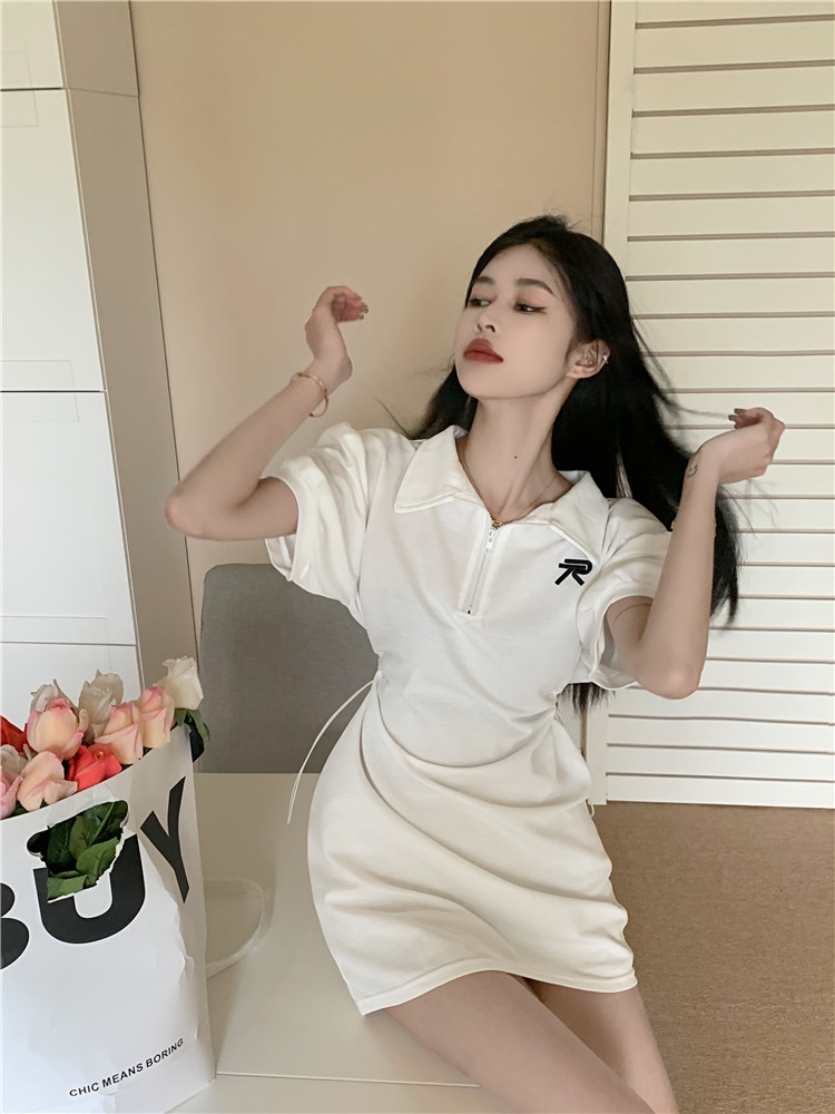 Hong Kong style design dress women's new letter embroidery niche POLO collar waist drawstring exposed waist skirt