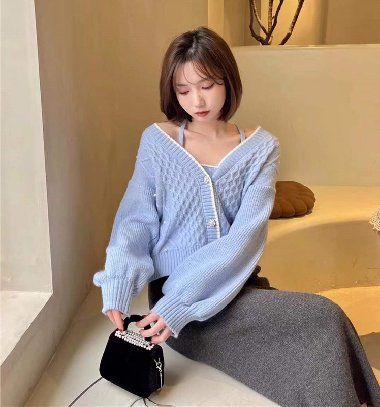 Lantern Sleeve thin sweater cardigan knitted vest suspender two piece set 2022 spring new spice girls suit
