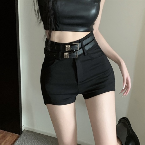 Real shot real price black and white babes hot pants double belt casual shorts high waist slimming belt pants