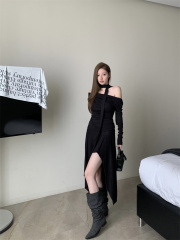 Shot-date Flowing Belt Swing Slim Fit Long Sleeve T-shirt with Irregular Hem Wide Waist Pleated Side Slit Skirt for Women