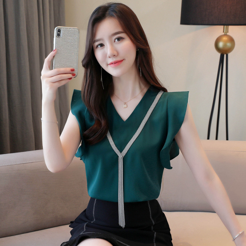 Summer Korean new style Feifei sleeve chain belly covering large chiffon shirt V-neck lotus leaf sleeveless top vest for women