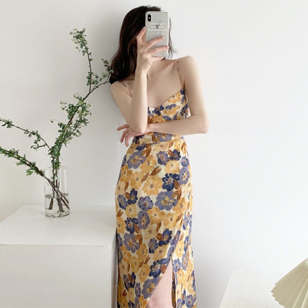 Suspender skirt summer celebrity style retro long skirt gas year new gentle fairy broken flower dress