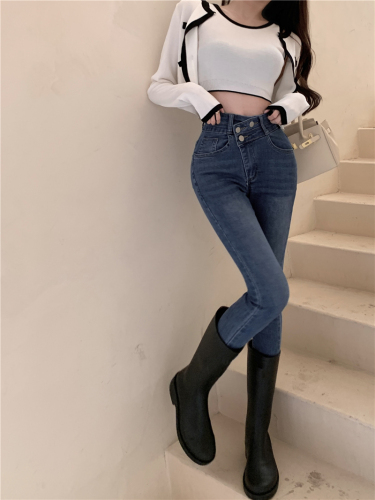 Real shot real price misplaced oblique buckle high waist jeans slim fit slim feet nine points pencil boots pants