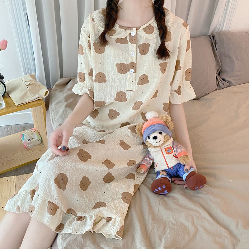 Real shooting pajamas women's summer cotton can wear short sleeved Pullover nightdress cartoon lovely leisure suit