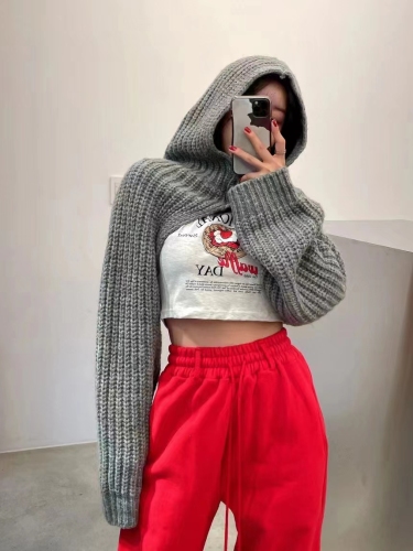 Korean knitted blouse women's autumn and winter layered fashion all-match short loose hooded design long-sleeved sweater shawl trendy