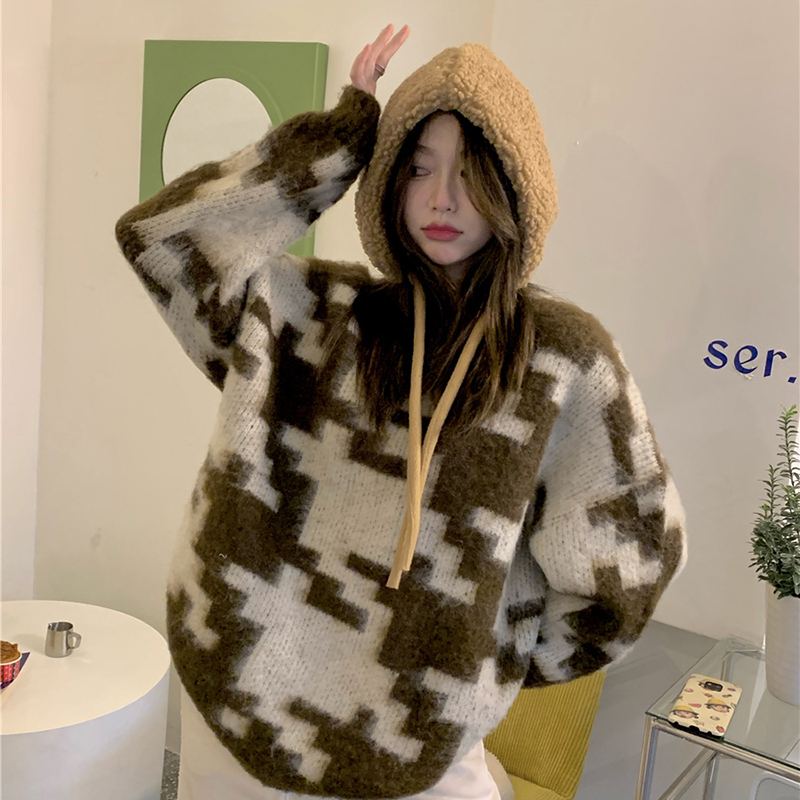 Vintage green mohair sweater women's autumn and winter outer wear loose and lazy wind knitted sweater oversize