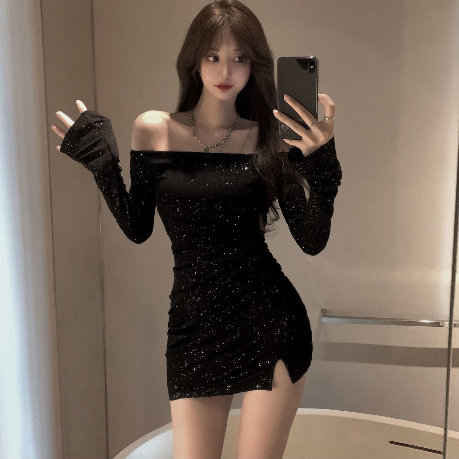 Off shoulder dress women's slim diamond studded long sleeve irregular Hip Wrap short skirt early autumn 2021 new black skirt