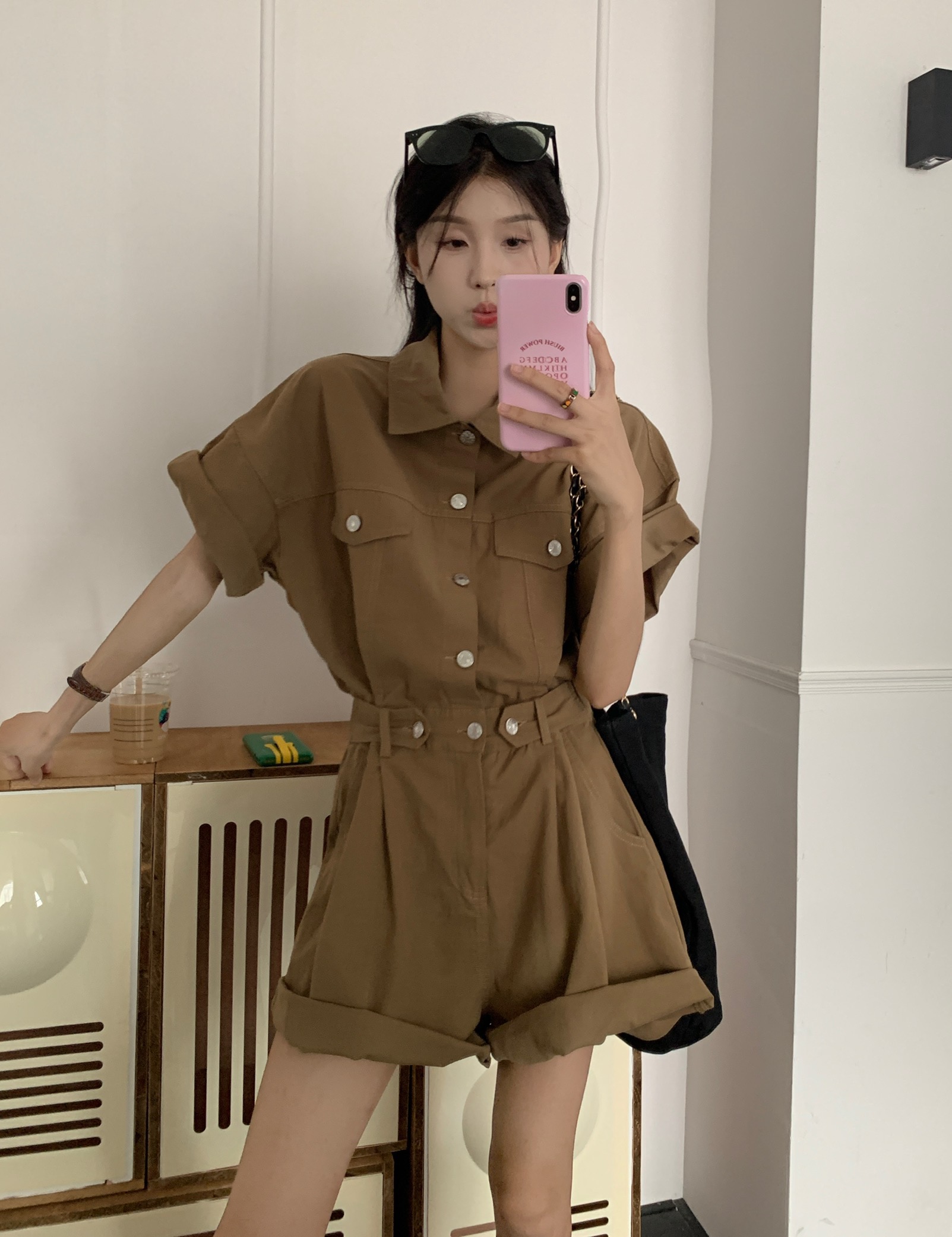 Real price New Retro High waist, slim waist, casual work clothes, short sleeved shirts, one-piece shorts