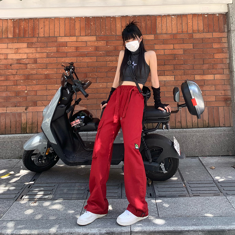 Real shooting of high street wide legged Pants Red overalls hip hop Spice Girls personalized design pants loose casual pants
