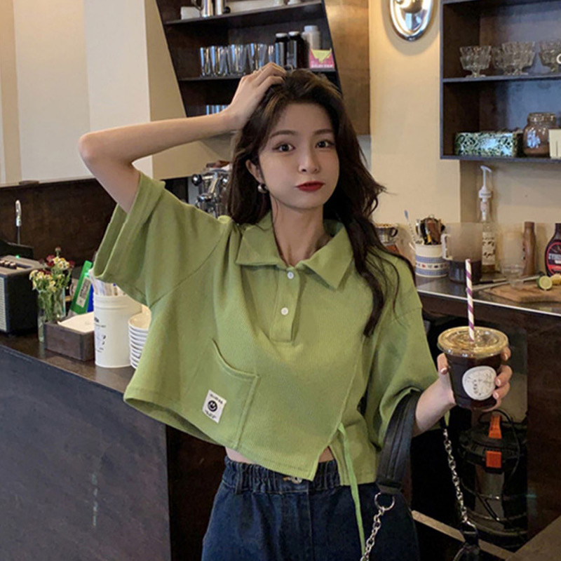 Waffle design sense niche Polo neck short sleeve straight shoulder T-shirt 2022 new short Spicy Girl Top Women's summer