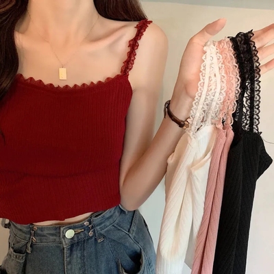 Summer and Korean version of outer wear and inner vest short style new French lace knitted small suspender top for women
