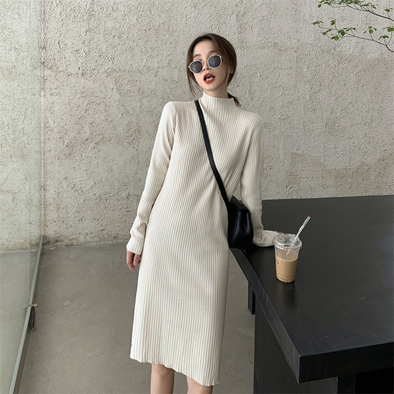 Real Price Autumn New Korean Style Long Knit Dress Half Turtleneck Pit Strip Inside Long Skirt