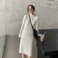 Real Price Autumn New Korean Style Long Knit Dress Half Turtleneck Pit Strip Inside Long Skirt