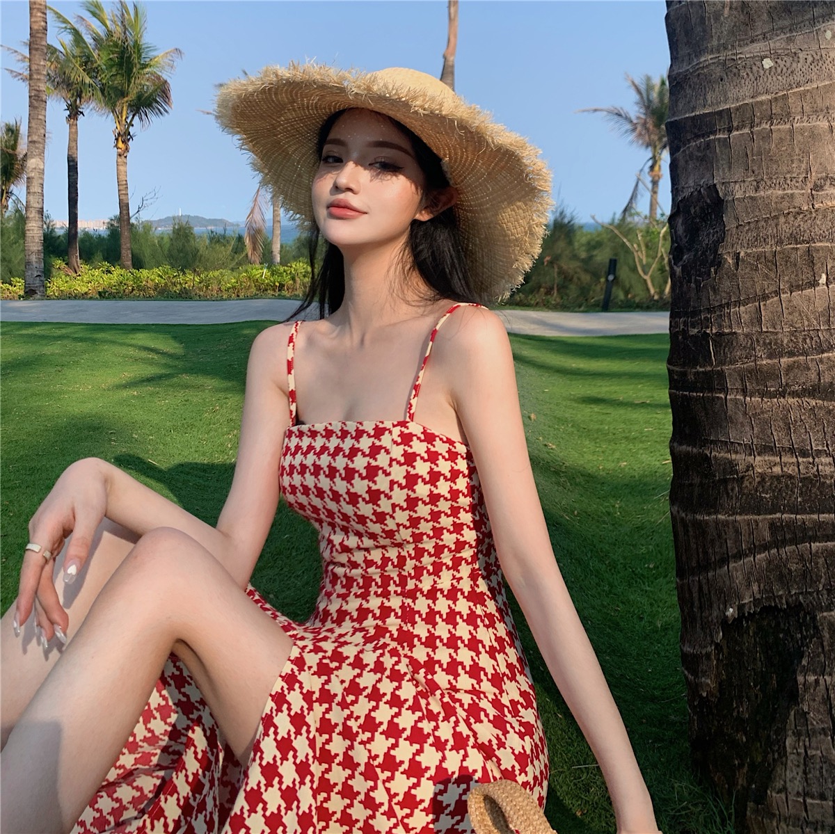 Small French design sense split thousand bird lattice suspender skirt 2022 summer high-end light mature dress