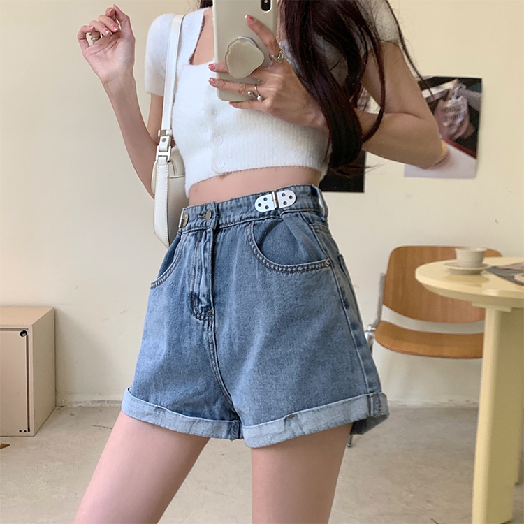 Denim shorts women's summer large size fat mm high waist slimming loose design feeling ins black a word hot pants tide