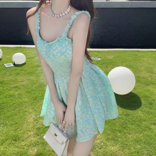 Suspension floral dress women's summer pure lusty sweet spicy sexy slim fit chic design short skirt