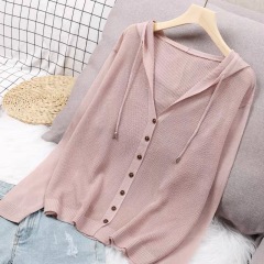 2021 new summer knitted cardigan coat women's hooded top ice silk sweater thin cut out sunscreen