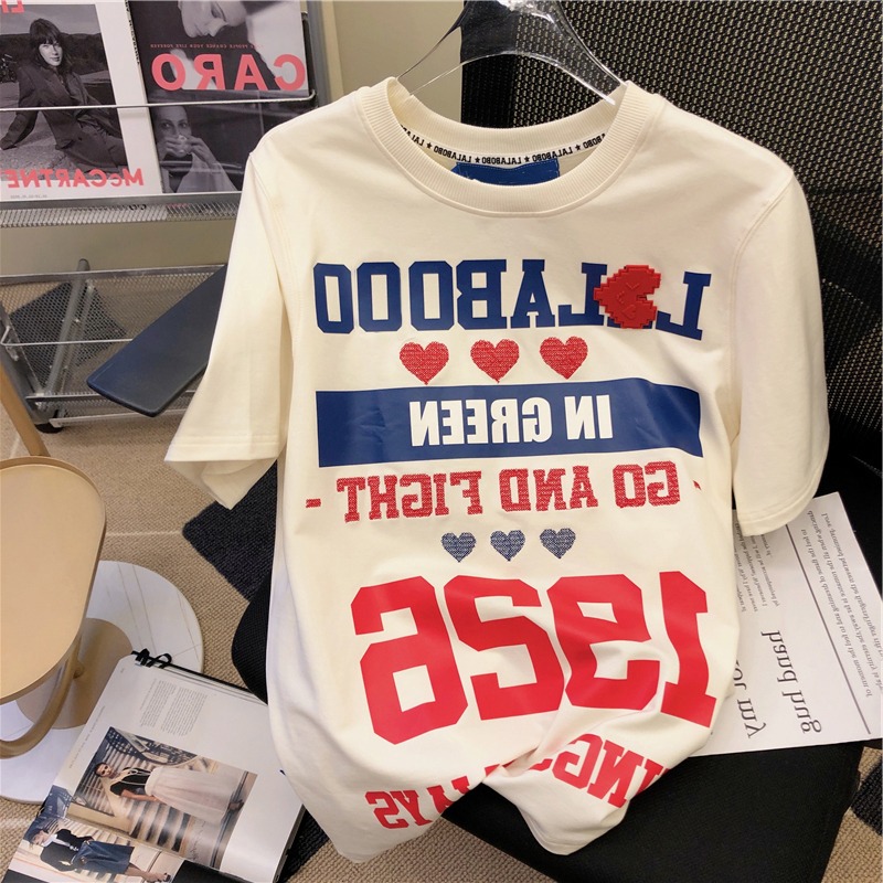 2023 pure cotton new American style retro oversize love letter short-sleeved T-shirt female loose all-match