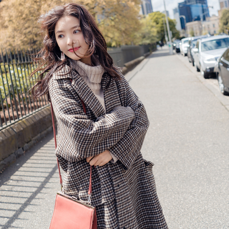 Woolen coat women's middle long knee loose thousand bird lattice wool coat small man new fashion in autumn and winter