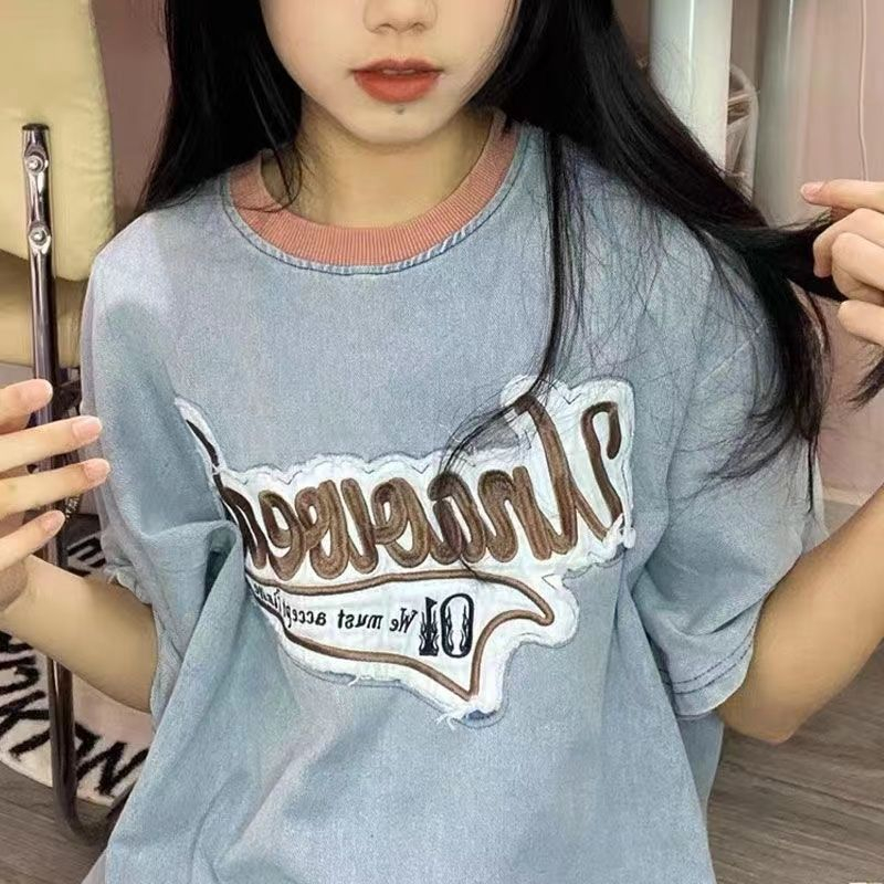 American retro short sleeved T-shirt, denim color, vintage patch, niche oversize design, top and T-shirt
