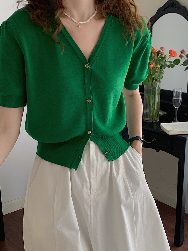 Summer ice silk short sleeve v-neck black knitted cardigan women's thin short bubble sleeve shirt