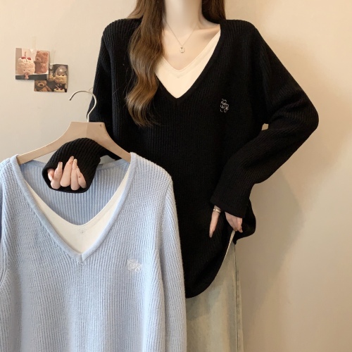 Plus size fat mm autumn and winter new Korean fake two-piece loose lazy style niche pullover sweater for women