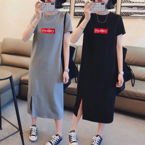 Summer short sleeve dress casual cover belly large women's loose medium length over knee T-shirt skirt