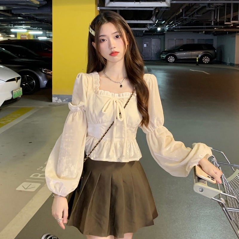 French design sense bow square collar velvet shirt female autumn dress accept waist show thin shirt short top