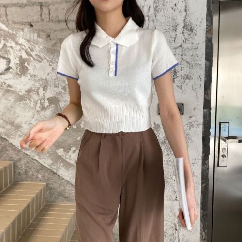 Real photo real price Vintage shirt knitted large lapel shirt thin short sleeve women's top slim summer