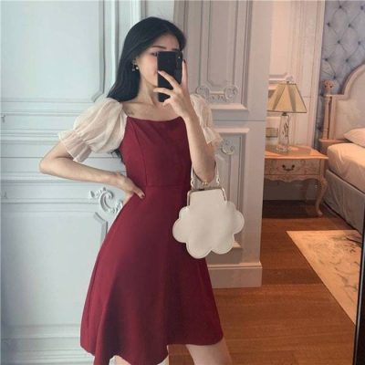 French Platycodon grandiflorum skirt Korean slim slim red stitched bubble sleeve dress women's summer