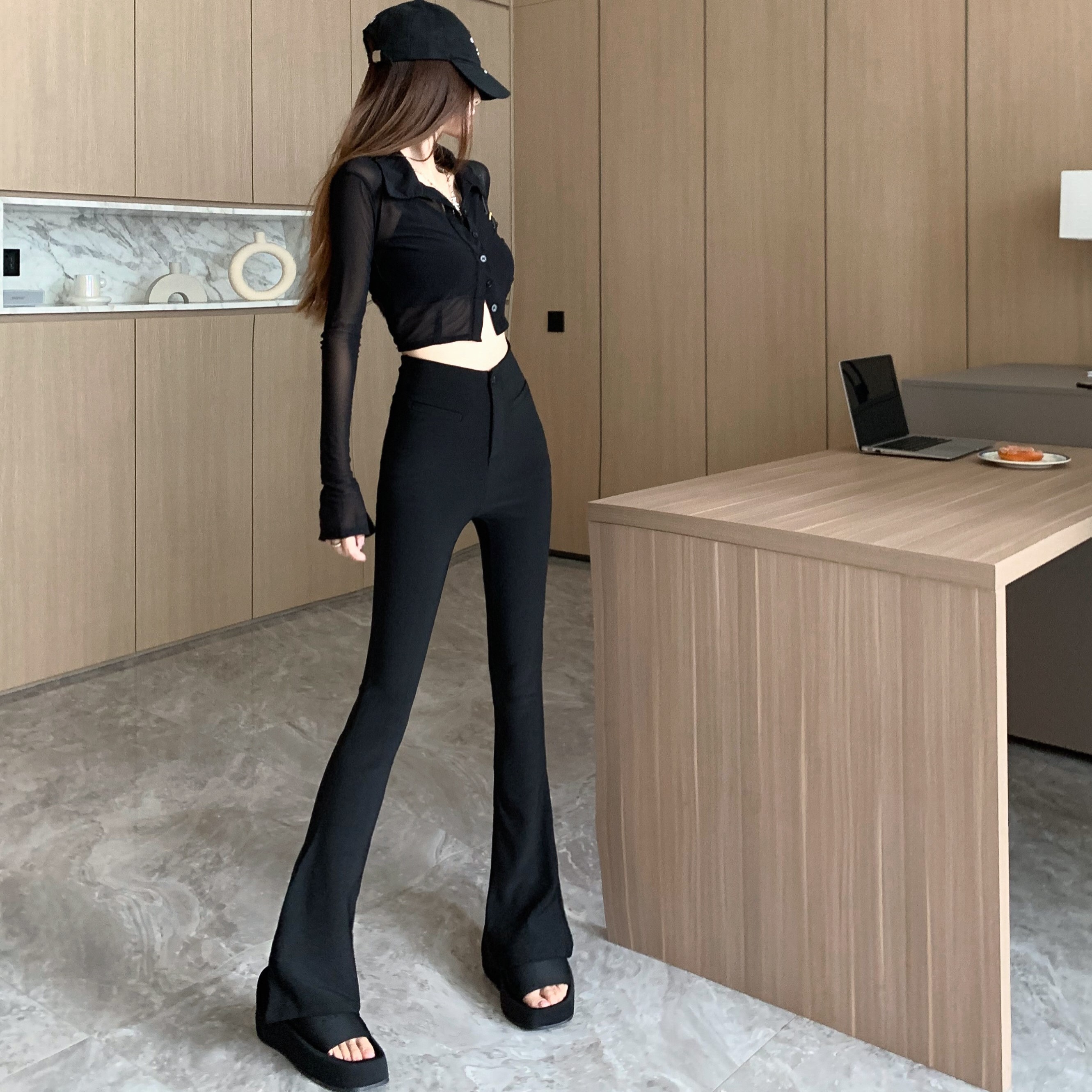2024 new autumn high-waisted one-button fake pocket decoration slimming sweet and cool hot girl style black slightly flared floor-length pants