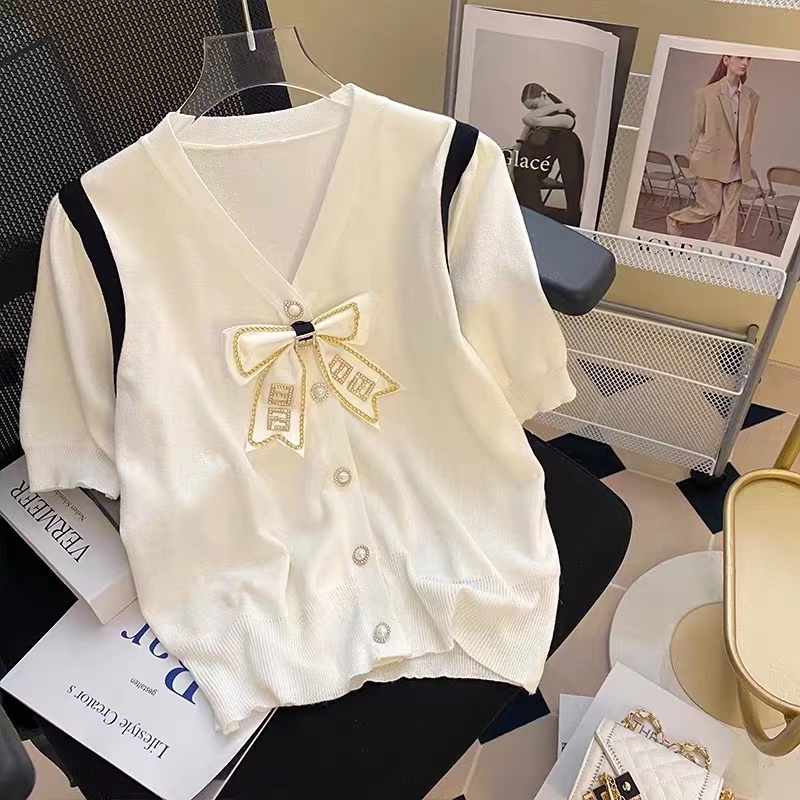 French small fragrance bow with diamond V-neck short sleeve T-shirt women's summer ice silk sweater foreign style top