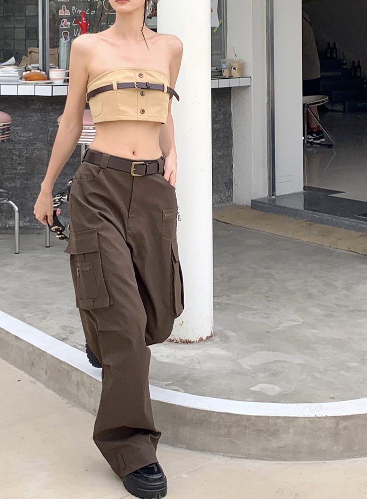 Real shot 2022 autumn and winter new trendy brand hot girl overalls pocket pleated belt belt wide leg jeans women spring and summer