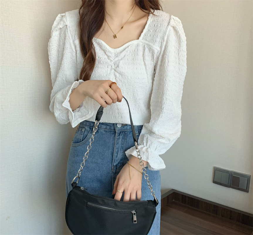 Real price real price early spring new small square collar bubble sleeve chic pleated blouse women