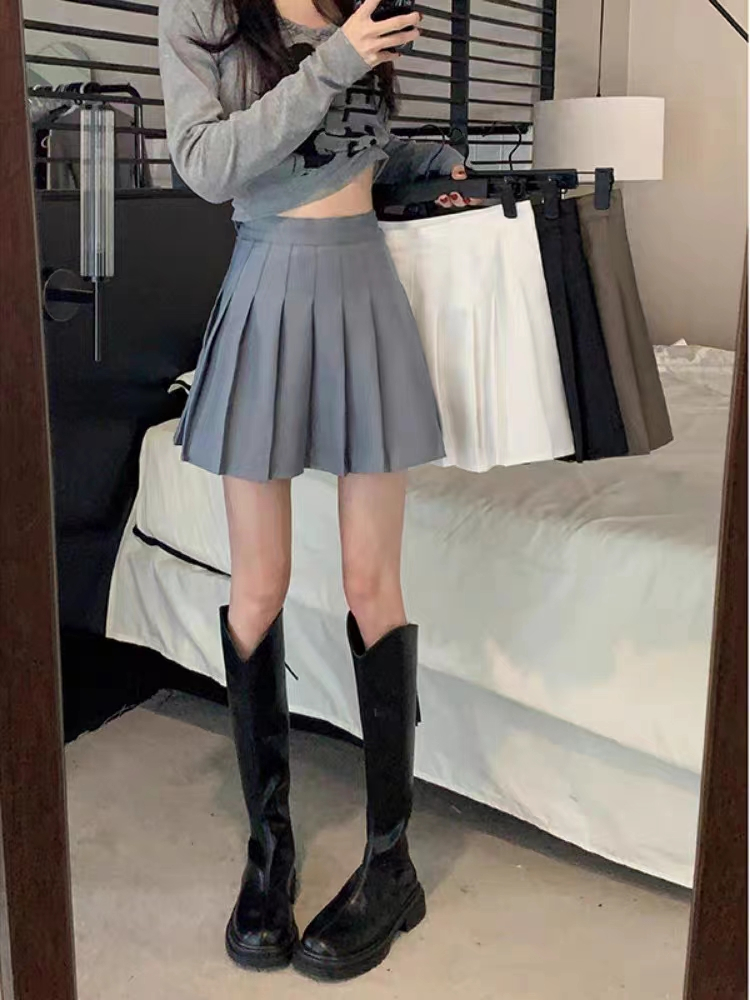 Gray pleated skirt women's spring and summer new high-waist slim hip-covering skirt popular explosive A-line skirt
