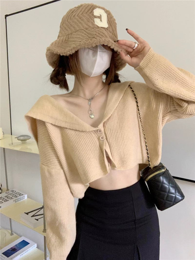 Navy Collar Knitwear Women's Autumn 2022 New Spice Girl Design Short Sweater Cardigan Long Sleeve Top
