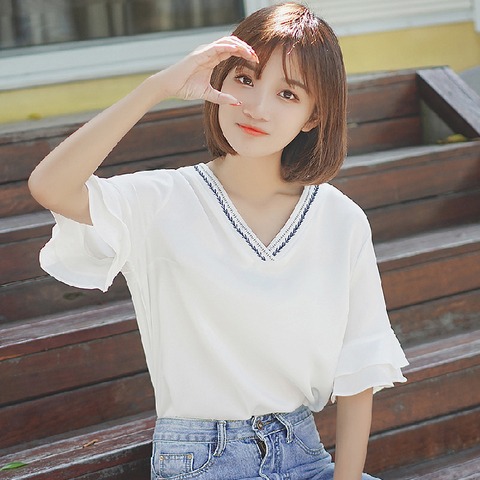 Cotton 2022 summer flare sleeve loose V-neck versatile short sleeve Fashion Top Women's Ruffle T-shirt