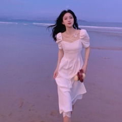 Korean temperament French light mature wind bubble sleeve pleated drawstring slim slim dress women