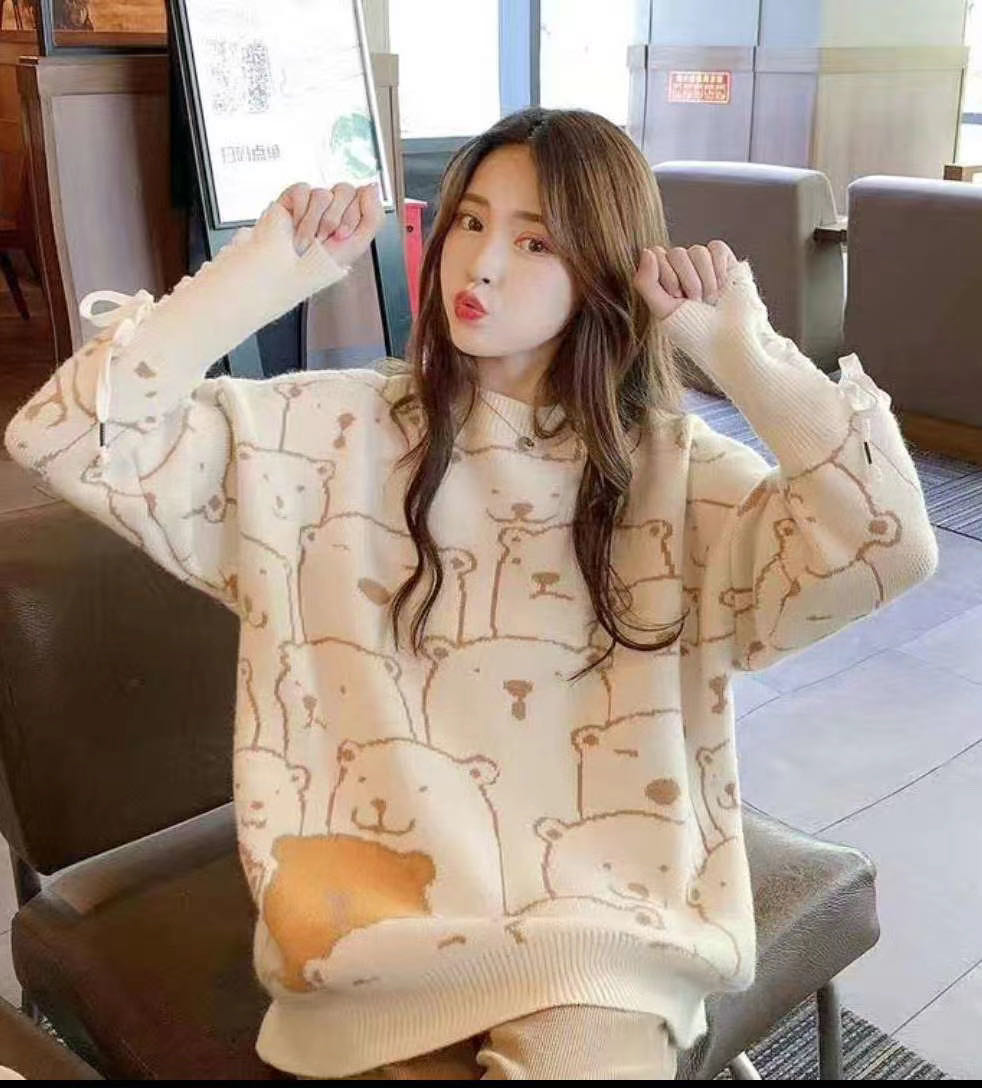 Cashmere bear bandage sweater women's new sweater autumn new Pullover loose knit top long sleeve