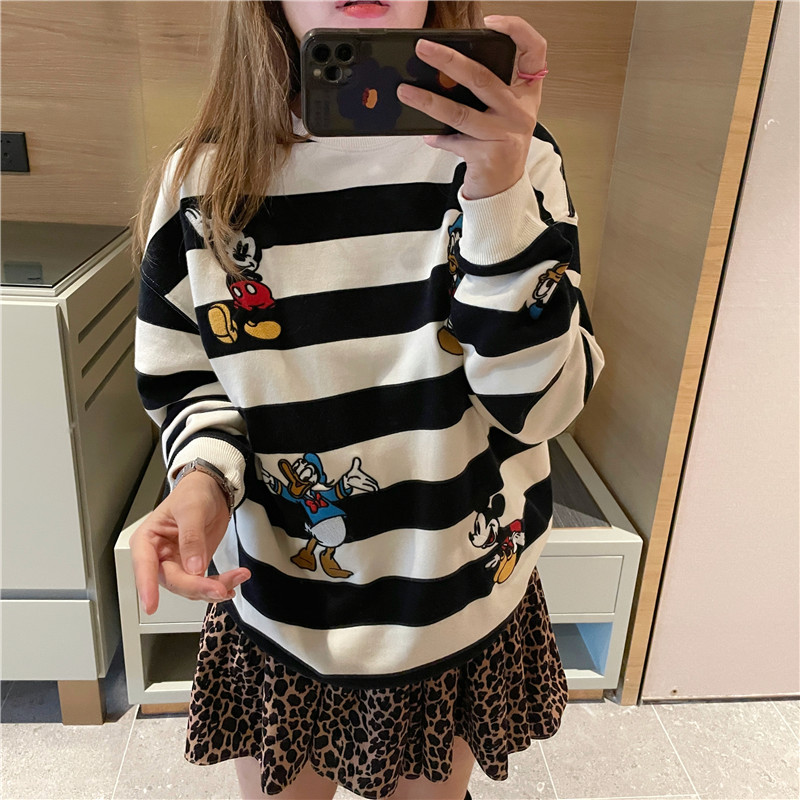 Autumn classic stripe cute Mickey loose round neck Terry Cotton age reducing sweater