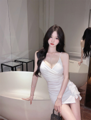 Real shot spot summer new sexy suspenders v-neck ruffled irregular folds hip dress