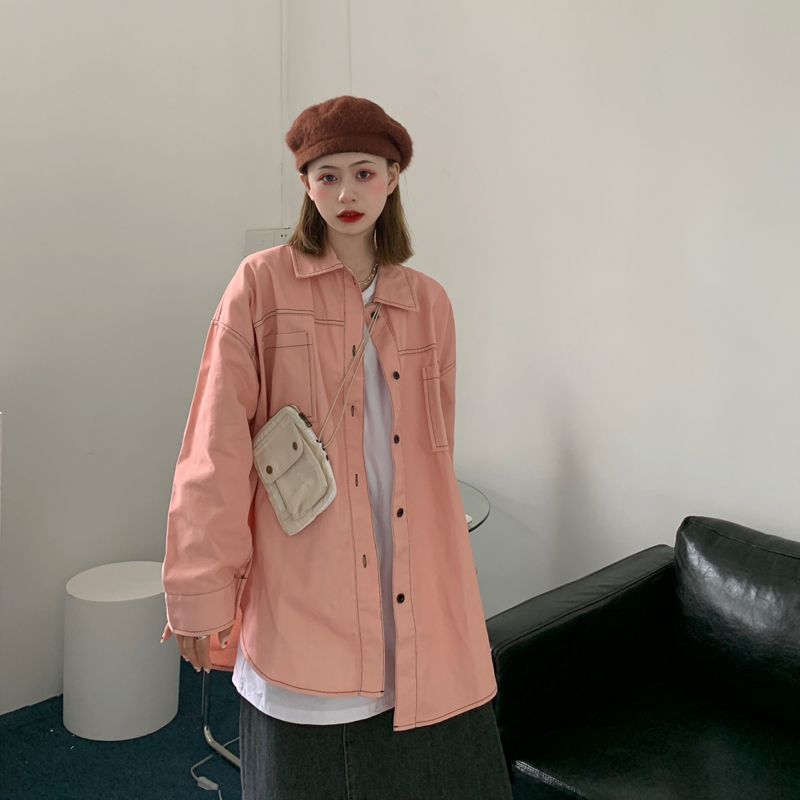 Cotton spring Korean new loose lazy wind pink age reducing versatile medium length long sleeve shirt coat