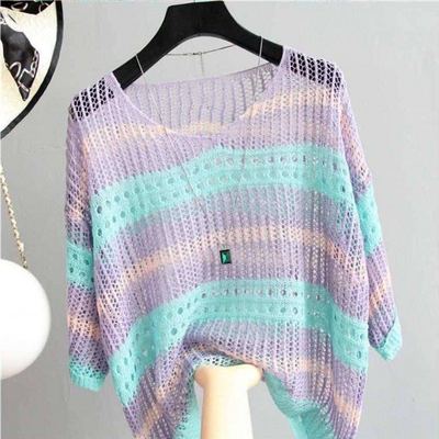Fresh and versatile cut out contrast stripe ice silk knitted 5-sleeve top for women