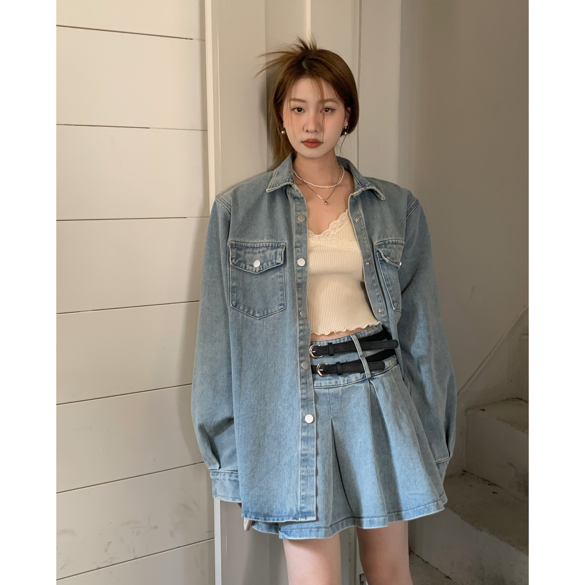 Real shot recommendation Super cool washed denim skirt vs shoulder padded denim jacket.  set