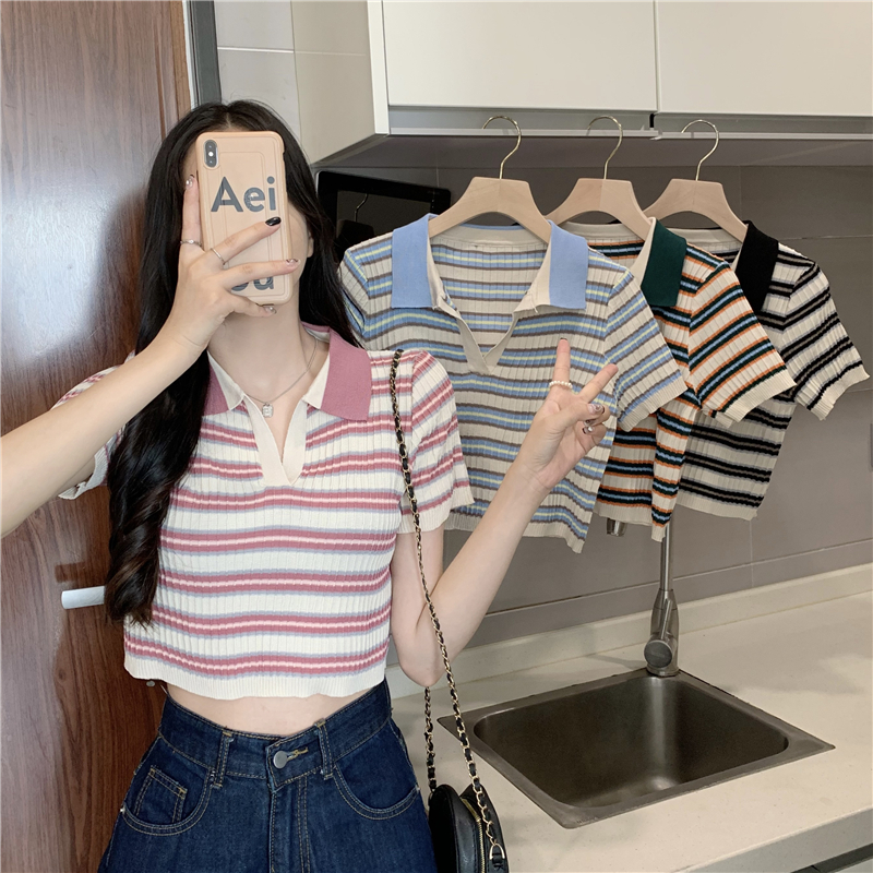 Real shooting real price Summer new sweet and spicy polo collar striped short-sleeved knitted sweater short T-shirt top women