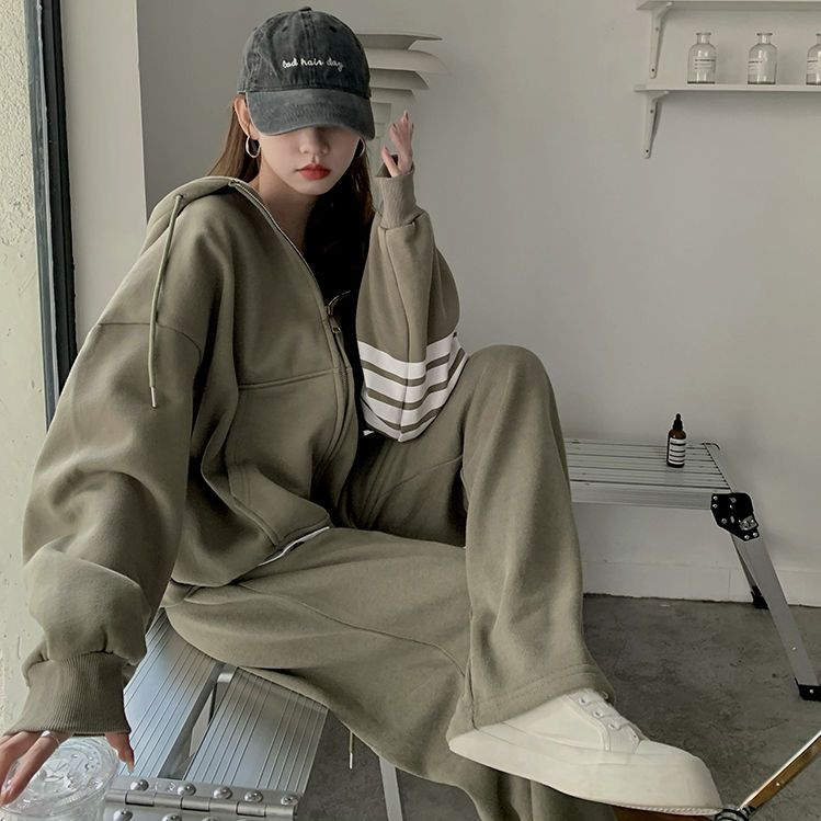 Net red sportswear suit female spring and autumn student Korean version loose sweater fashion running leisure two-piece set