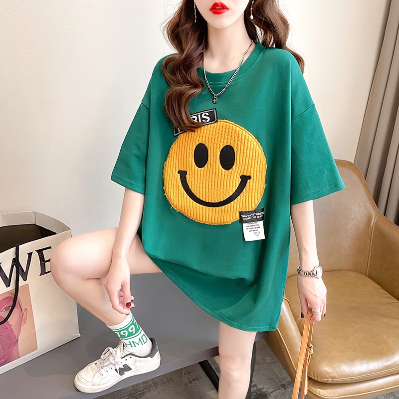 Summer new Korean fashion pure cotton round neck cartoon embroidery loose large women's short sleeved T-shirt