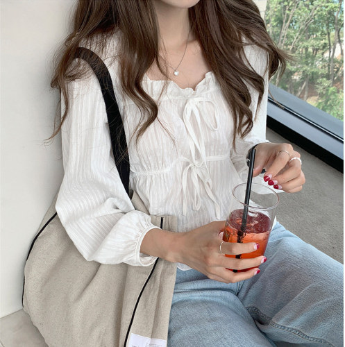 Real price Korean version sweet and cute lace-up short jacquard long-sleeved shirt