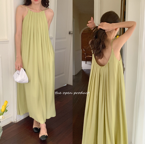 Real shooting and real price holiday style niche crimping design large backless sleeveless suspender long dress 3 colors