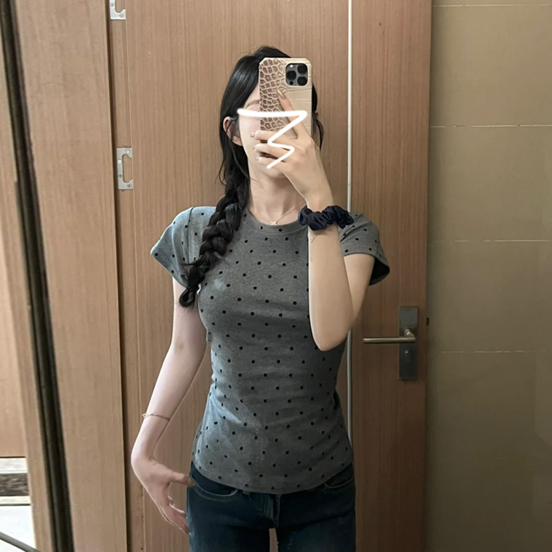 Actual shot 40 count pure cotton 2024 summer new regulations polka dot short-sleeved T-shirt for women